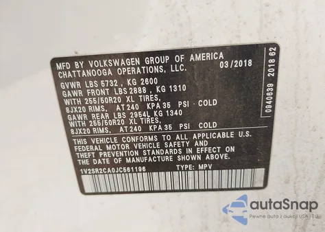 2018 Volkswagen Atlas 3.6L V6 Sel z USA, uszkodzony, nr VIN 1V2SR2CA0JC561196